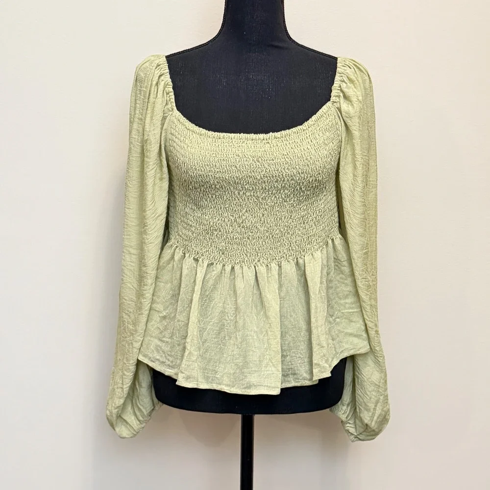 Newbury Kustom Green Smocked Peplum Top Lantern Sleeve‎ Boho Babydoll Womens Lg